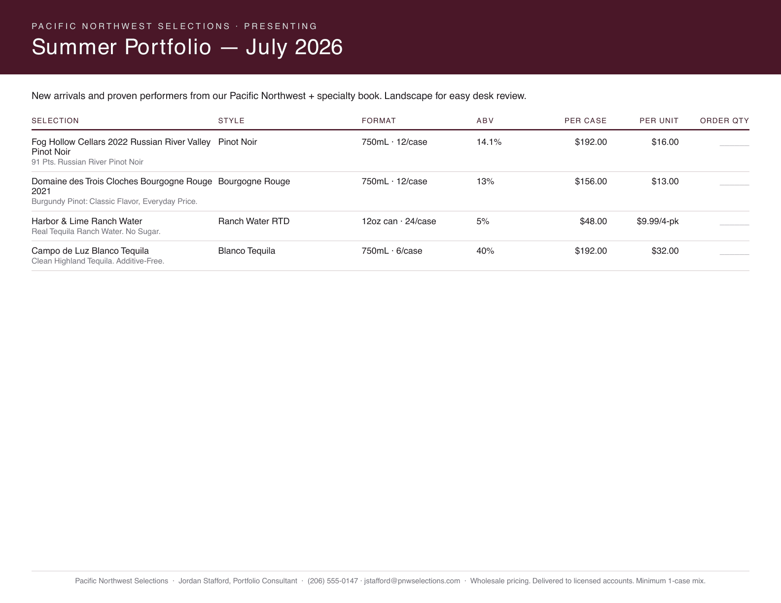 Branded one-page sell sheet — four products, rep contact info, formatted pricing and tasting notes