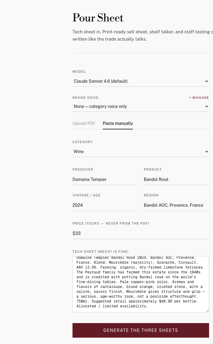 Pour Sheet input form: producer, product, vintage, region, price, and a pasted tech sheet, ready to generate