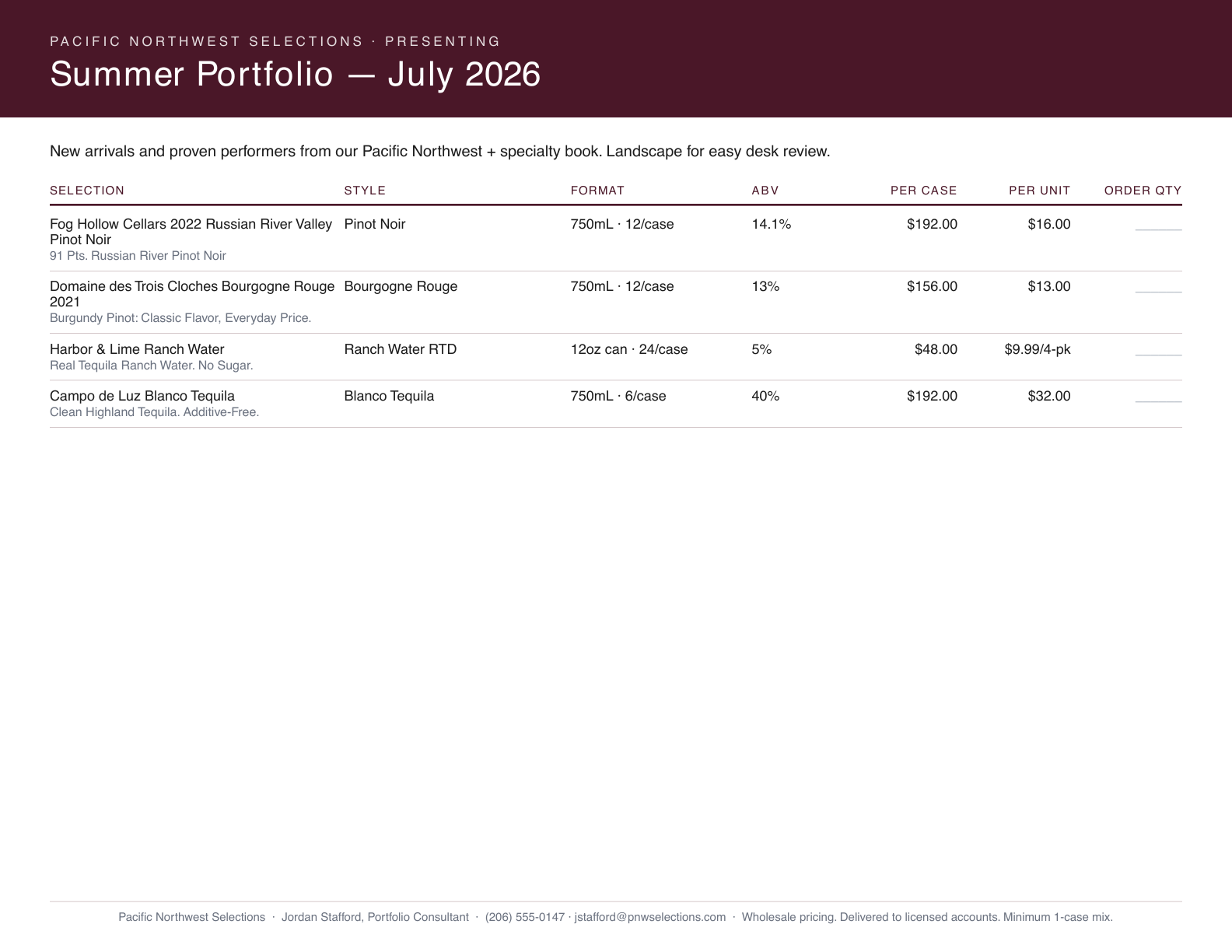 Branded one-page sell sheet — four products, rep contact info, formatted pricing and tasting notes