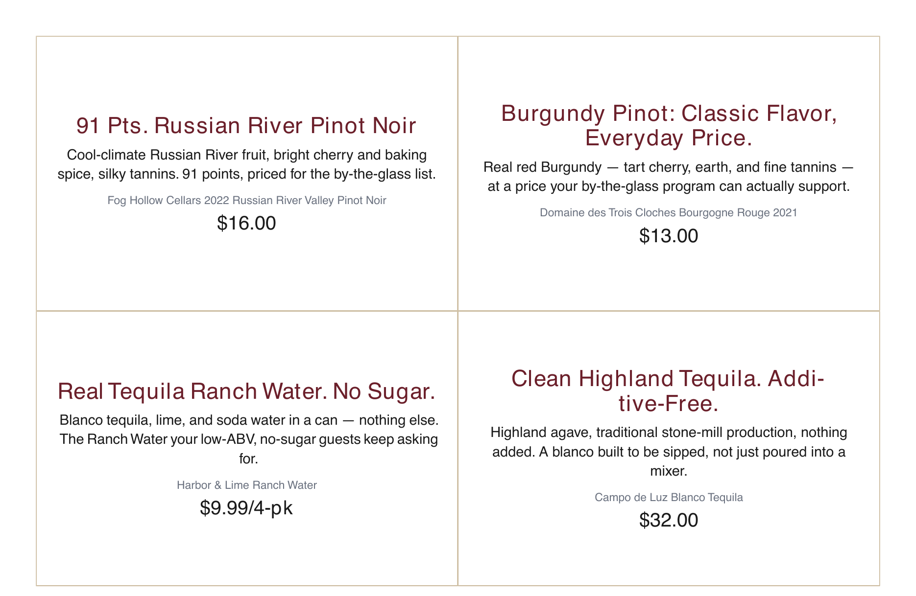 Four shelf talkers generated from the same four products — shopper-facing headline, one-line hook, and price